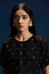 Khajoor Studio_Black Linen, Satin Beads Round Neck Baby Quilted Embellished Dress _at_Aza_Fashions