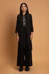 Buy_Khajoor Studio_Black Linen Embroidery Collared Night Wink Embellished Tunic _at_Aza_Fashions