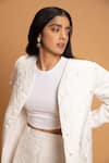 Buy_Khajoor Studio_White Linen Beads Open Neck Snow Quilted Jacket And Skirt Set _Online_at_Aza_Fashions