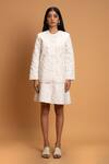 Khajoor Studio_White Linen Beads Open Neck Snow Quilted Jacket And Skirt Set _at_Aza_Fashions