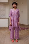 Buy_Khajoor Studio_Purple Cupro Silk Printed Floret V Neck Asymmetric Tunic _at_Aza_Fashions