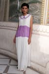 Buy_Khajoor Studio_Purple Cupro Silk Peter Pan Collar Color Blocked Tiered Maxi Dress _at_Aza_Fashions