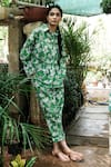 Buy_Khajoor Studio_Green Cupro Silk Printed Botanical Vine Collared Boxy Shirt And Trouser Set _at_Aza_Fashions