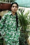 Khajoor Studio_Green Cupro Silk Printed Botanical Vine Collared Boxy Shirt And Trouser Set _Online_at_Aza_Fashions