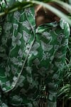 Shop_Khajoor Studio_Green Cupro Silk Printed Botanical Vine Collared Boxy Shirt And Trouser Set _Online_at_Aza_Fashions