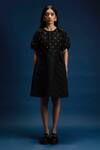 Buy_Khajoor Studio_Black Linen, Satin Beads Round Neck Baby Quilted Embellished Dress 