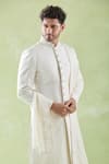 Vanshik_White Churidar Crepe Silk Embroidery Floral Butti Sherwani Set _Online_at_Aza_Fashions