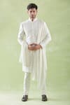 Vanshik_White Churidar Crepe Silk Embroidery Floral Butti Sherwani Set _at_Aza_Fashions