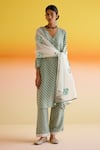 Amisha Kothari_Blue Silk Printed Stripped V-neck Kumudini Kurta Pant Set _Online_at_Aza_Fashions