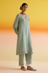 Shop_Amisha Kothari_Blue Silk Printed Stripped V-neck Kumudini Kurta Pant Set _Online_at_Aza_Fashions