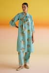 Buy_Amisha Kothari_Blue Silk Printed Floral Tie-up Kusum Kurta With Pant _at_Aza_Fashions