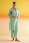 Amisha Kothari_Blue Chanderi Silk Embroidery Floral V-neck Anya Dori Kurta And Pant Set _Online_at_Aza_Fashions