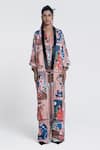 Pocketful Of Cherrie_Beige Viscose Satin Printed Frame Shawl Collar Miko Muse Kimono _Online_at_Aza_Fashions