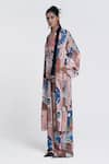 Buy_Pocketful Of Cherrie_Beige Viscose Satin Printed Frame Shawl Collar Miko Muse Kimono _Online_at_Aza_Fashions