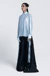 Pocketful Of Cherrie_Blue Foil Chiffon Solid Collared Glacial Glow Shirt _Online_at_Aza_Fashions