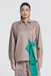 Buy_Pocketful Of Cherrie_Beige Twill Poplin Solid Collar Neck Temple Bloom Tie Up Shirt _Online_at_Aza_Fashions