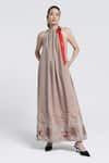 Buy_Pocketful Of Cherrie_Beige Twill Poplin Embroidery Temple Bloom Halter Neck Japanese Maxi Dress _at_Aza_Fashions