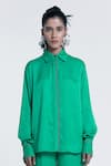 Pocketful Of Cherrie_Green Viscose Satin Embroidery Thread Collar Neck Echo Embellished Placket Shirt _Online_at_Aza_Fashions