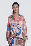 Pocketful Of Cherrie_Beige Viscose Satin Print Kimono Lady Frame Camp Collar Miko Muse Shirt _Online_at_Aza_Fashions