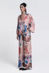 Buy_Pocketful Of Cherrie_Beige Viscose Satin Print Kimono Lady Frame Camp Collar Miko Muse Shirt 