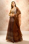 Buy_Alaya Advani_Brown Blouse Raw Silk Printed Floral Work V Neck Pleated And Jaal Lehenga Set _at_Aza_Fashions