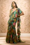 Buy_Alaya Advani_Green Tissue Printed Big Florals V Neck Pre-draped Ruffle Saree With Blouse _at_Aza_Fashions