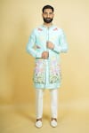 Buy_Zardozi Zari_Blue Silk Embroidery Floral Long Bundi Set _at_Aza_Fashions
