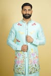 Zardozi Zari_Blue Silk Embroidery Floral Long Bundi Set _Online_at_Aza_Fashions