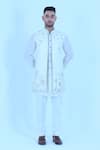 Shop_Zardozi Zari_White , Satin Zari, Embroidery Bird Long Bundi And Kurta Set _at_Aza_Fashions