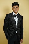 Shop_Zardozi Zari_Black Japanese Suiting Fabric Hand Embroidered Honeycomb Pattern Tuxedo Set _Online_at_Aza_Fashions