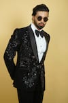 Zardozi Zari_Black Japanese Suiting Fabric Embroidered Thread Rabbit Motifs Tuxedo Set _Online_at_Aza_Fashions