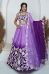 Buy_Zardozi Zari_Purple Raw Silk Embroidery Zardozi V Neck Peony Bloom Ombre Lehenga Set _at_Aza_Fashions