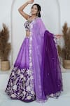 Zardozi Zari_Purple Raw Silk Embroidery Zardozi V Neck Peony Bloom Ombre Lehenga Set _Online_at_Aza_Fashions