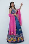 Shop_Zardozi Zari_Blue Raw Silk Embroidery Zardozi Leaf Neck Wild Forest Ombre Lehenga Set _at_Aza_Fashions