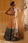 Buy_Zardozi Zari_Peach Raw Silk Embroidery Leopard Garden V Neck Ombre Lehenga Set _at_Aza_Fashions