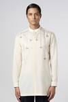 Line Out Line_Off White Matka Cotton Embroidery Bead Pitta Placement Kurta_Online_at_Aza_Fashions