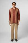 Shop_Line out line_Brown Matka Cotton Leather Patchwork Striped Shirt _Online_at_Aza_Fashions