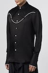 Buy_Line out line_Black Satin Linen Piping Tie Up Collar Shirt _Online_at_Aza_Fashions