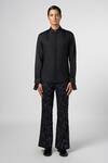 Buy_Line out line_Black Satin Linen Solid Inverted Arch Double Collar Shirt _at_Aza_Fashions