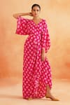 Shop_Palak & Mehak_Pink Crepe Printed Floral V Neck Seerat Kimono Draped Dress _at_Aza_Fashions