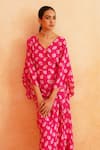 Shop_Palak & Mehak_Pink Crepe Printed Floral V Neck Seerat Kimono Draped Dress _Online_at_Aza_Fashions