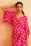 Palak & Mehak_Pink Crepe Printed Floral V Neck Seerat Kimono Draped Dress _at_Aza_Fashions