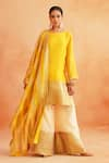 Buy_Palak & Mehak_Yellow Chanderi Round Adiva Striped Hem Kurta Wide Leg Pant Set _at_Aza_Fashions