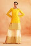 Palak & Mehak_Yellow Chanderi Round Adiva Striped Hem Kurta Wide Leg Pant Set _Online_at_Aza_Fashions