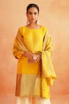 Shop_Palak & Mehak_Yellow Chanderi Round Adiva Striped Hem Kurta Wide Leg Pant Set _Online_at_Aza_Fashions