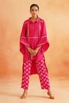 Palak & Mehak_Pink Cotton Poplin Collared Aleena High Low Shirt Kurta And Pant Set _Online_at_Aza_Fashions