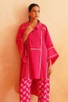 Palak & Mehak_Pink Cotton Poplin Collared Aleena High Low Shirt Kurta And Pant Set _at_Aza_Fashions