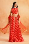 Buy_Palak & Mehak_Red Crepe Printed Floral Round Disha Lehenga Set _at_Aza_Fashions