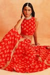 Buy_Palak & Mehak_Red Crepe Printed Floral Round Disha Lehenga Set 