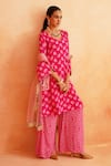 Shop_Palak & Mehak_Pink Crepe Printed Floral V Neck Gauri Kurta Flared Pant Set _at_Aza_Fashions